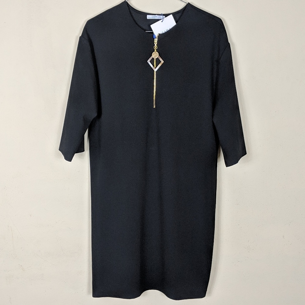 Zara Basic•Gold Zipper Shift Work Wear Dress sz Sm